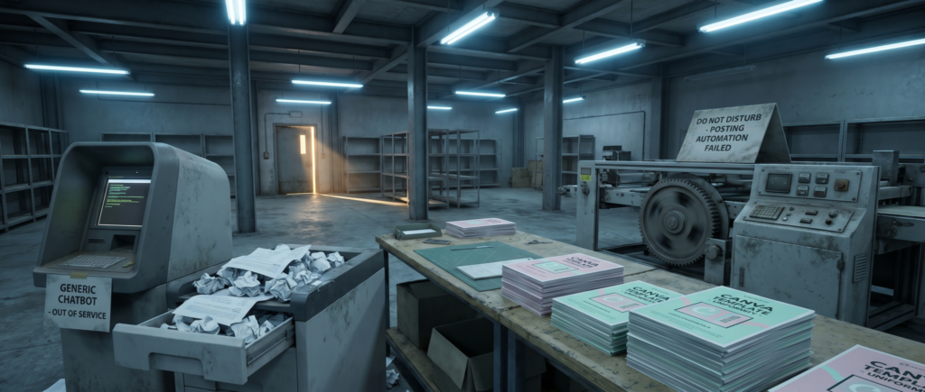 Abandoned industrial printing factory warehouse with outdated machinery, stacked paper, and broken equipment symbolizing generic, repetitive content production for chiropractor social media.