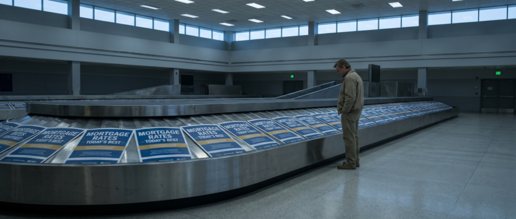 Man standing in empty airport baggage claim area lined with identical mortgage rate signs, visual metaphor for repetitive social media content used by mortgage brokers