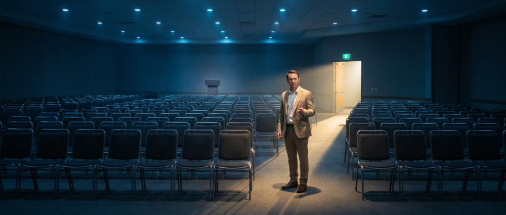 Businessman in blazer standing alone in empty auditorium with blue lighting, representing social media for mortgage brokers building audience presence.
