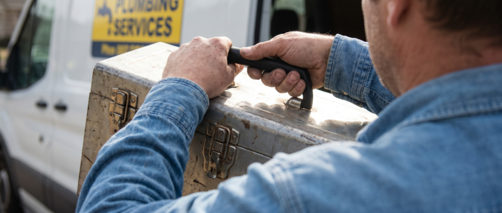 Chiropractor in denim shirt carrying worn metal toolbox near service van, representing hands-on chiropractic services and professional expertise