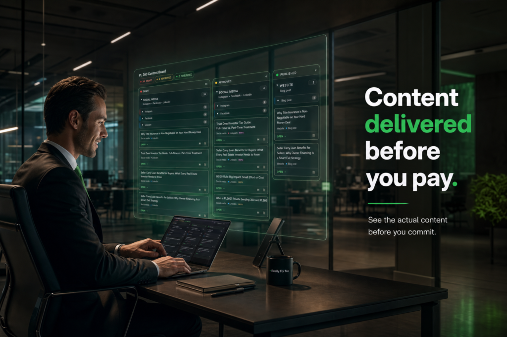 Business professional reviews content on digital display board before committing to purchase from content agency