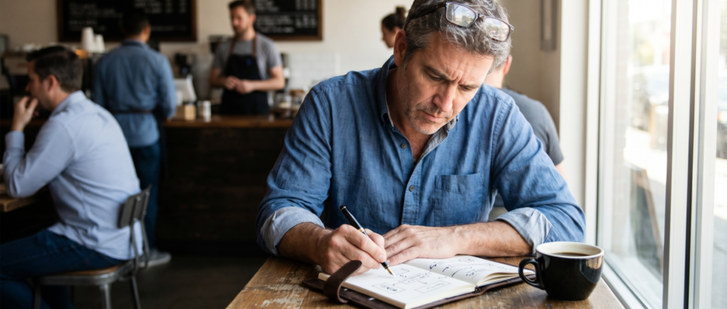 Mature man in blue shirt writing in notebook at coffee shop table, representing overcoming barriers to posting on social media