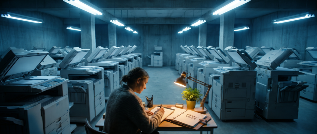 Woman working alone at desk surrounded by office equipment, illustrating the isolation and overwhelm of not posting on social media due to perfectionism and fear.