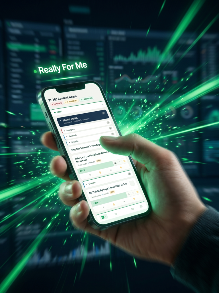 Hand holding smartphone displaying Really For Me PL 360 Content Board app with social media content management interface and green digital effects background