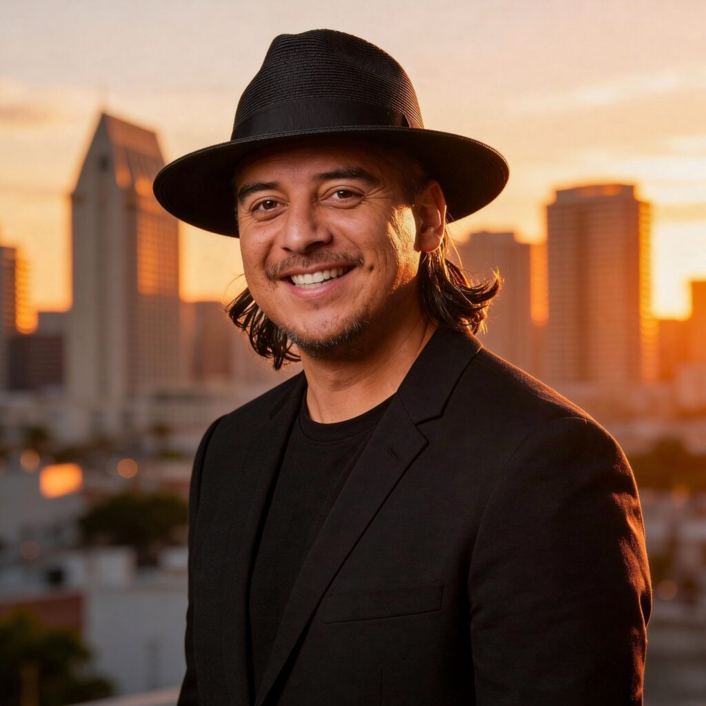 Man wearing black hat and blazer smiling at camera with San Diego city skyline at golden hour sunset in background